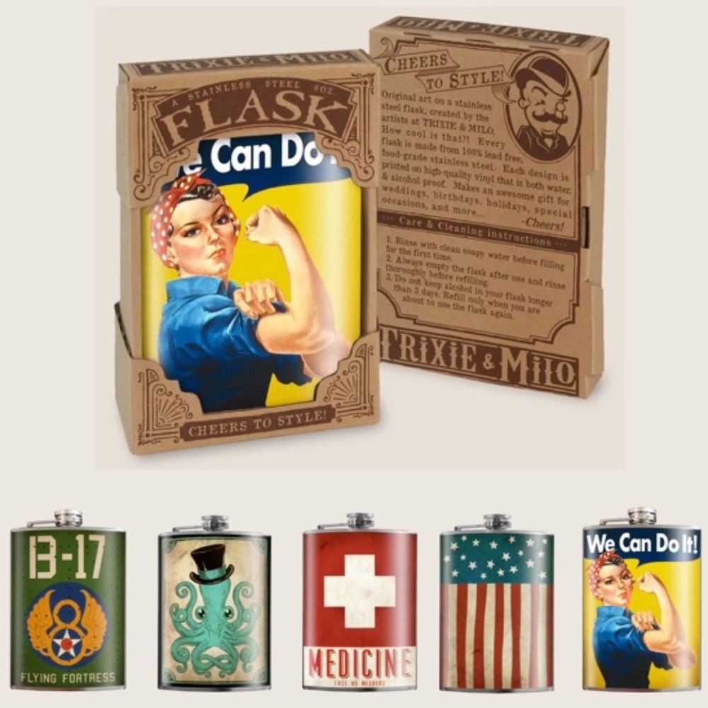 Trixie & Milo Flask - You Pick: Flag, B-17, Rosie Riveter, Medicine, Octopus